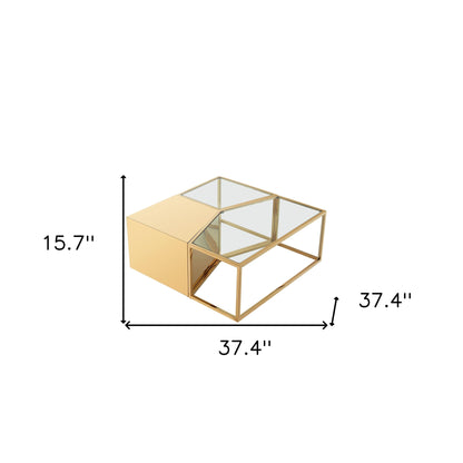 Ensemble de trois tables basses carrées en verre transparent et doré et en acier inoxydable de 37 po avec miroir