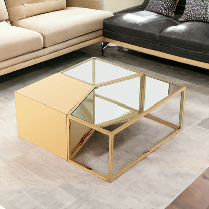 Ensemble de trois tables basses carrées en verre transparent et doré et en acier inoxydable de 37 po avec miroir