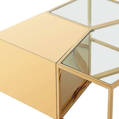 Ensemble de trois tables basses carrées en verre transparent et doré et en acier inoxydable de 37 po avec miroir