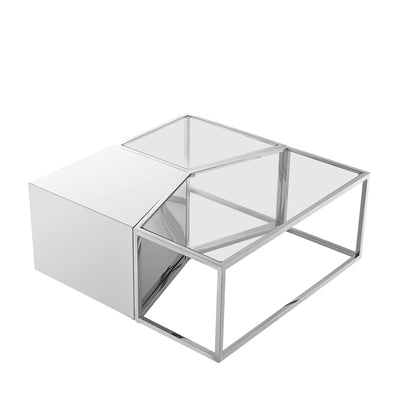 Ensemble de trois tables basses carrées en verre transparent et doré et en acier inoxydable de 37 po avec miroir