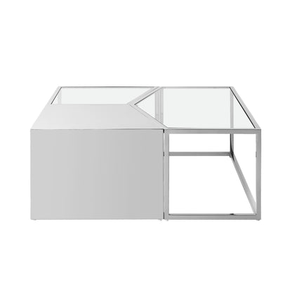 Ensemble de trois tables basses carrées en verre transparent et doré et en acier inoxydable de 37 po avec miroir