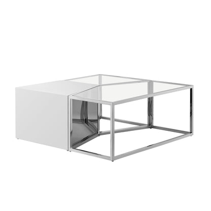 Ensemble de trois tables basses carrées en verre transparent et doré et en acier inoxydable de 37 po avec miroir