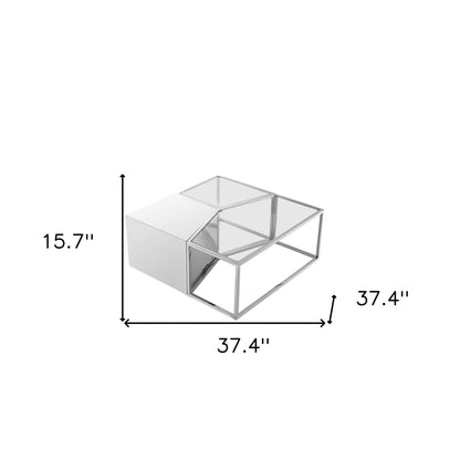 Ensemble de trois tables basses carrées en verre transparent et doré et en acier inoxydable de 37 po avec miroir