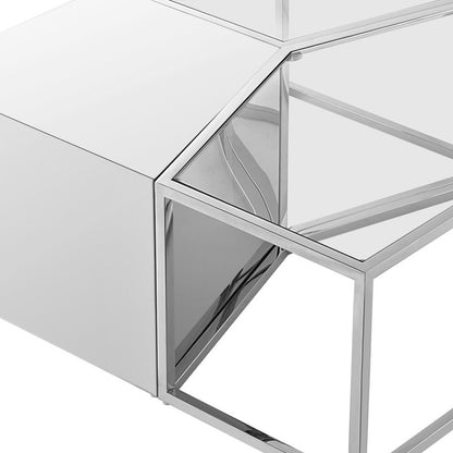 Ensemble de trois tables basses carrées en verre transparent et doré et en acier inoxydable de 37 po avec miroir