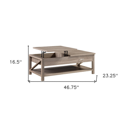 Table basse à plateau relevable Sandy Brown de 47 po avec tiroir et étagère