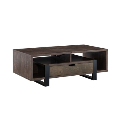 Table basse à plateau relevable marron et noir de 47 po avec tiroir et étagère