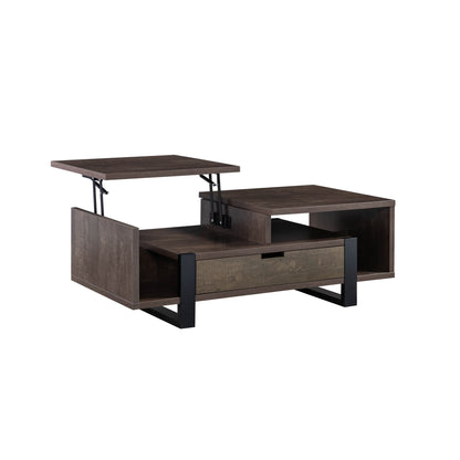 Table basse à plateau relevable marron et noir de 47 po avec tiroir et étagère