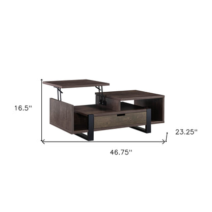 Table basse à plateau relevable marron et noir de 47 po avec tiroir et étagère