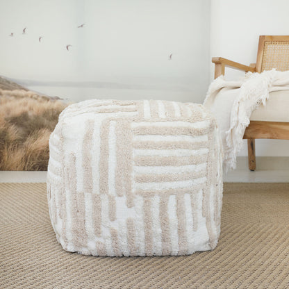 18" Blue Cotton Cube Striped Pouf Ottoman