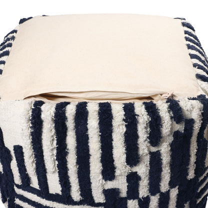 18" Blue Cotton Cube Striped Pouf Ottoman