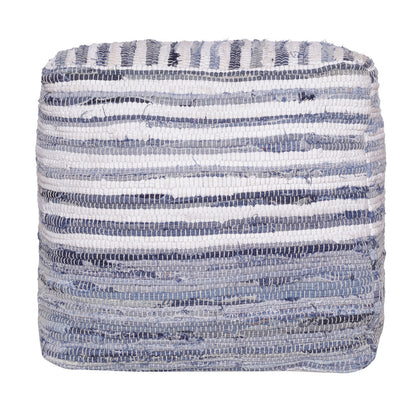 18" Blue Cotton Cube Striped Pouf Ottoman