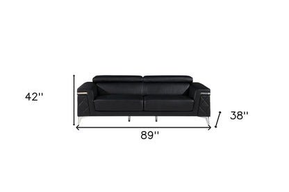 89" Black Italian Leather Sofa With Silver Legs