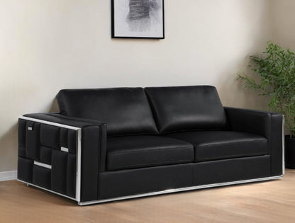 89" Black Italian Leather Sofa With Silver Legs