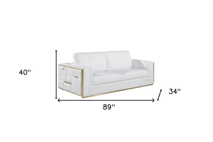 89" White Italian Leather Sofa With Brass Legs