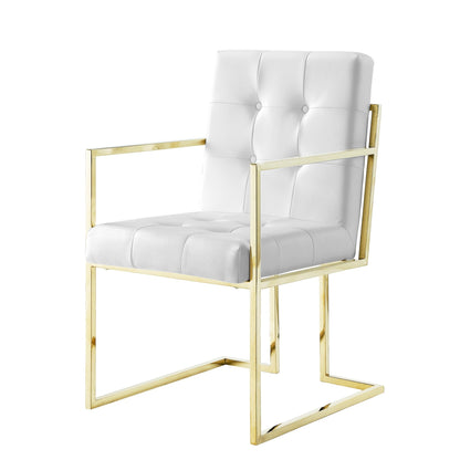 Set of Two Tufted White and Gold Upholstered Faux Leather Dining Arm Chairs