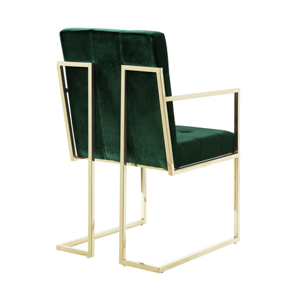 Set of Two Tufted Hunter Green and Gold Upholstered Velvet Dining Arm Chairs