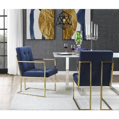 Set of Two Tufted Navy Blue and Gold Upholstered Velvet Dining Arm Chairs