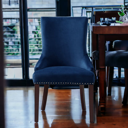 Ensemble de deux chaises de salle à manger capitonnées en velours bleu marine et expresso