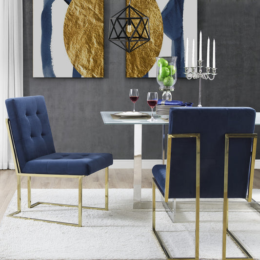 Set of Two Tufted Navy Blue And Gold Upholstered Velvet Dining Side Chairs