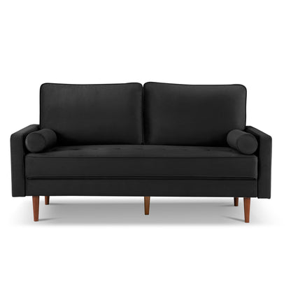 69" Black Velvet Sofa And Toss Pillows With Dark Brown Legs