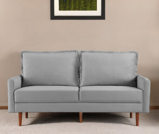 69" Gray Velvet Sofa With Dark Brown Legs