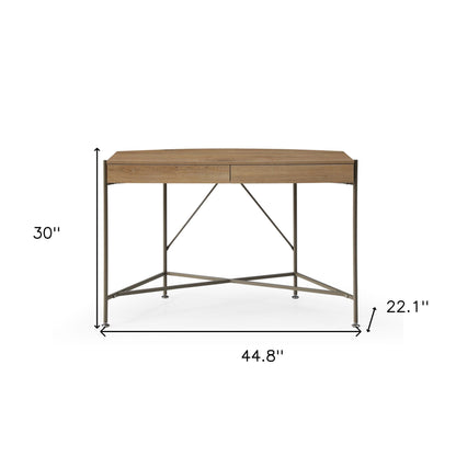 Bureau d'écriture en demi-cercle naturel et bronze de 45 po avec deux tiroirs