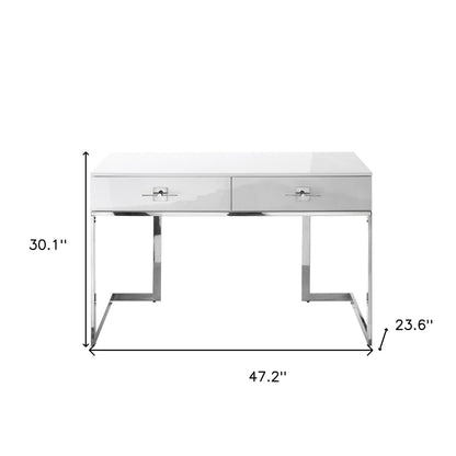 Bureau d'écriture blanc et argent de 47 po avec deux tiroirs