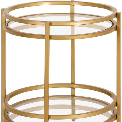 22" Brass And Clear Glass And Steel Round End Table With Shelf