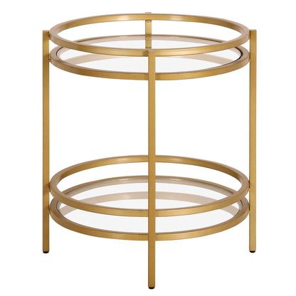 22" Brass And Clear Glass And Steel Round End Table With Shelf