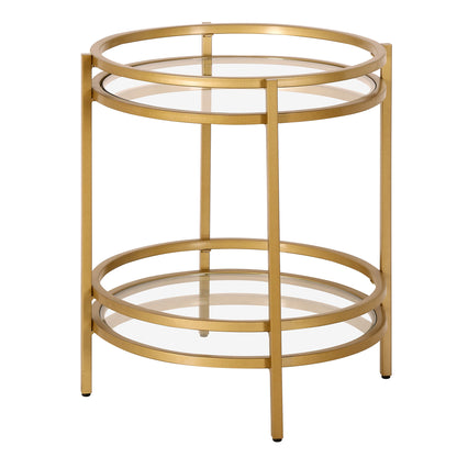 22" Brass And Clear Glass And Steel Round End Table With Shelf