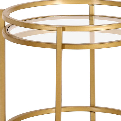 22" Brass And Clear Glass And Steel Round End Table With Shelf