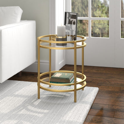 22" Brass And Clear Glass And Steel Round End Table With Shelf