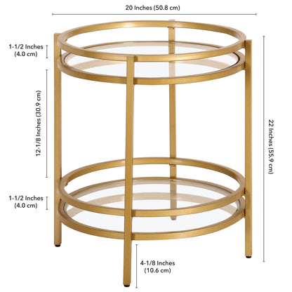 22" Brass And Clear Glass And Steel Round End Table With Shelf