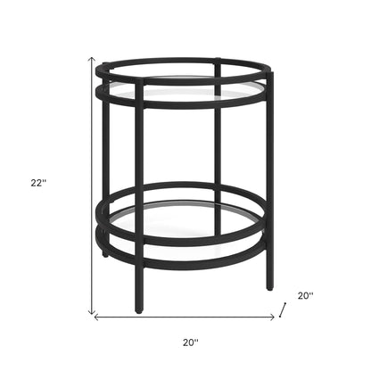 22" Black And Clear Glass And Steel Round End Table With Shelf