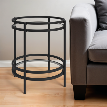 22" Black And Clear Glass And Steel Round End Table With Shelf