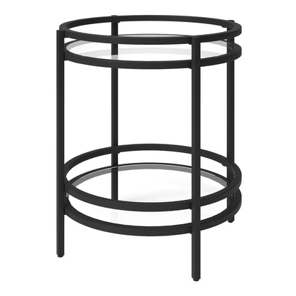 22" Black And Clear Glass And Steel Round End Table With Shelf