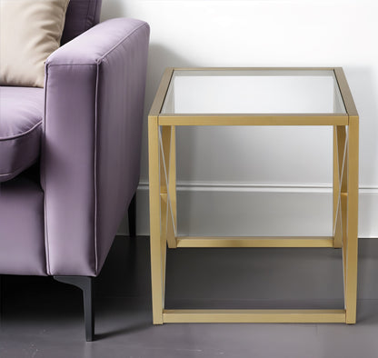 22" Brass And Clear Glass And Steel Square End Table