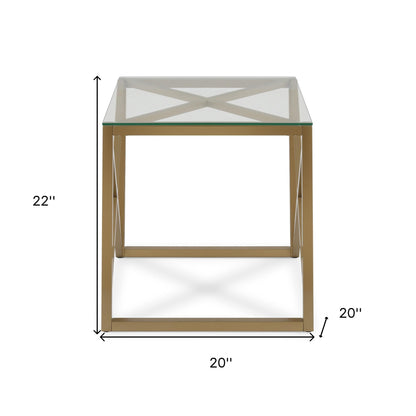 22" Brass And Clear Glass And Steel Square End Table