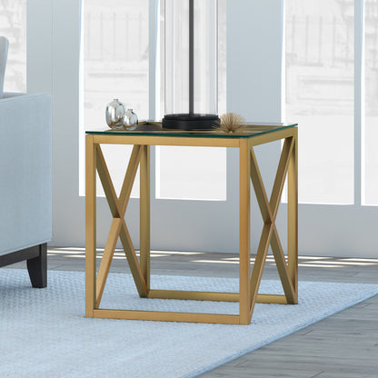 22" Brass And Clear Glass And Steel Square End Table