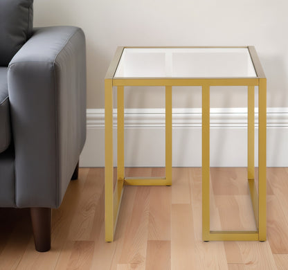 22" Brass And Clear Glass And Steel Square End Table