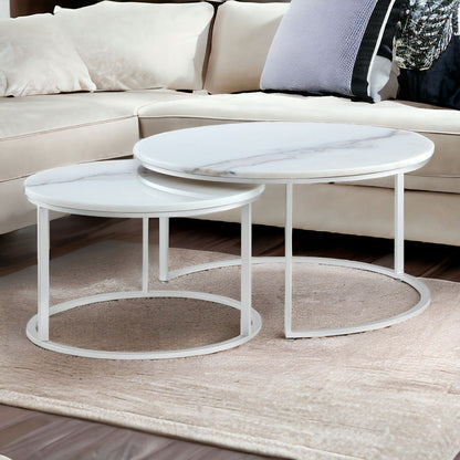 Set of Two 31" White And Gold Genuine Marble And Iron Round Nested Coffee Tables