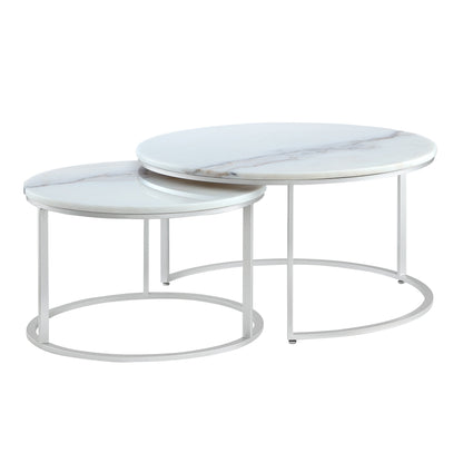 Set of Two 31" White And Gold Genuine Marble And Iron Round Nested Coffee Tables