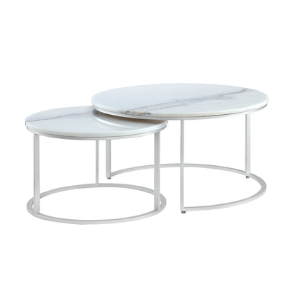 Set of Two 31" White And Gold Genuine Marble And Iron Round Nested Coffee Tables