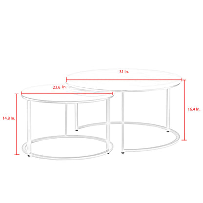 Set of Two 31" White And Gold Genuine Marble And Iron Round Nested Coffee Tables