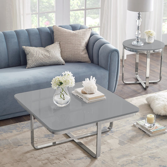 35" Light Gray And Silver Metallic Wood And Stainless Steel Square Coffee Table