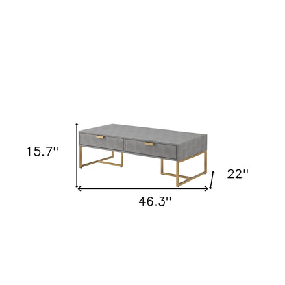 Table basse en acier inoxydable gris et doré de 46 po avec deux tiroirs