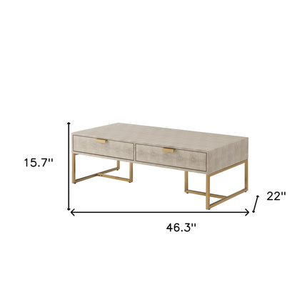 Table basse en acier inoxydable gris et doré de 46 po avec deux tiroirs