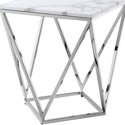 22" Silver Metallic And White Stone Square End Table