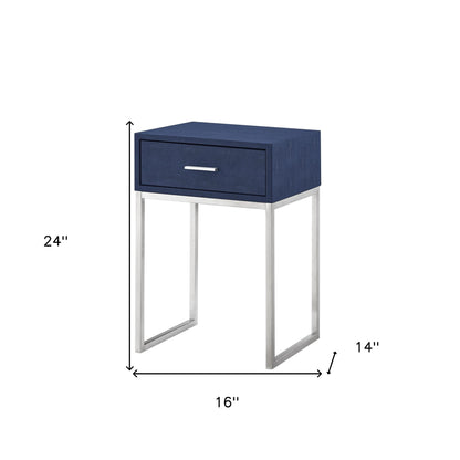 24" Silver Metallic And Navy Blue End Table With Drawer