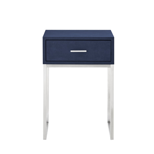 24" Silver Metallic And Navy Blue End Table With Drawer